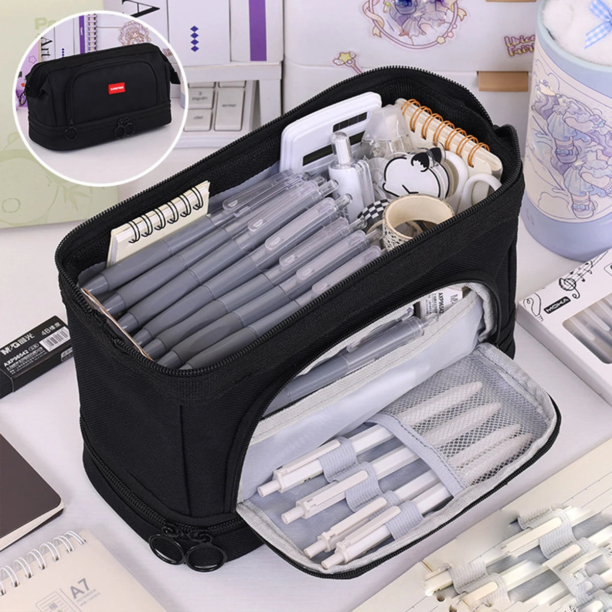 Student Oxford Cloth Double-layer Pencil Case Large Capacity Office Desktop Pencil Storage Box Stationery Organizer Oxford Bag