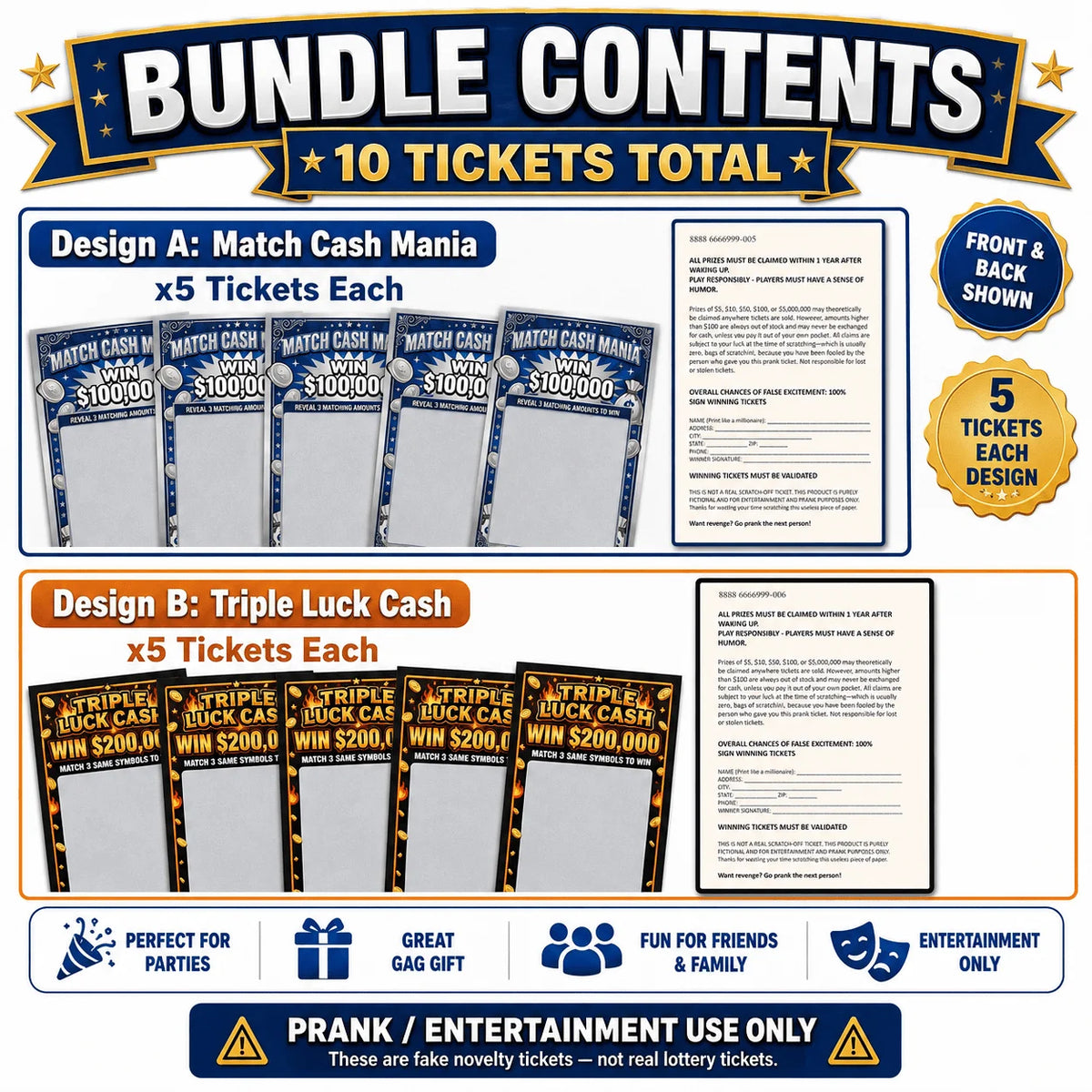 Prank Scratch Off Tickets 10 Pack, Fake Lottery Cards with 2 Designs, Match Cash Mania & Triple Luck Cash,Entertainment Only