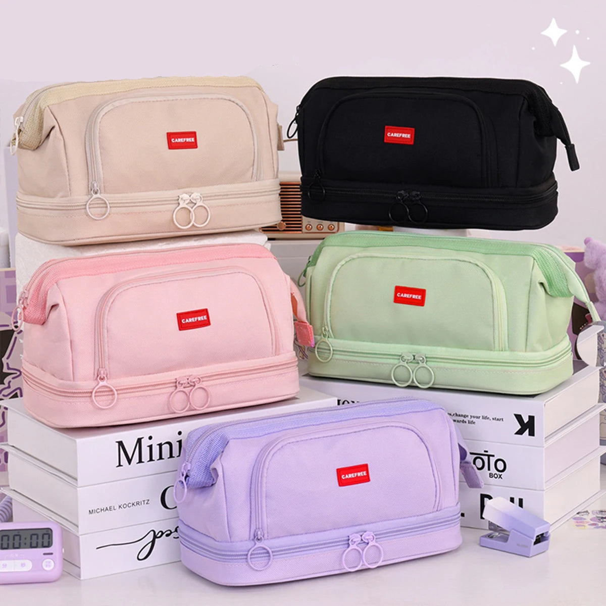 Student Oxford Cloth Double-layer Pencil Case Large Capacity Office Desktop Pencil Storage Box Stationery Organizer Oxford Bag