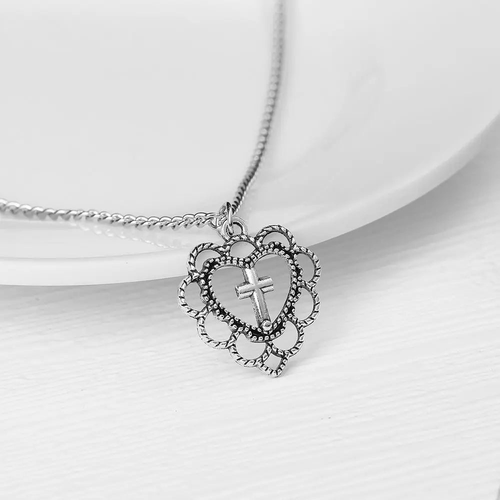 Gifts Religion Women Cross Necklace Clavicle Chain Jewellery Hollow Heart Pendant