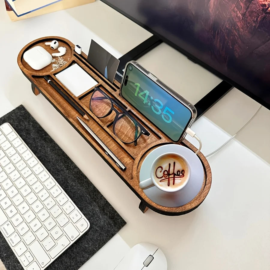 Wooden Desk Organizer With Elevated Stand, Multi-Compartment Cup Holder Pen Slot, For Office Stationery Home Desktop Decor