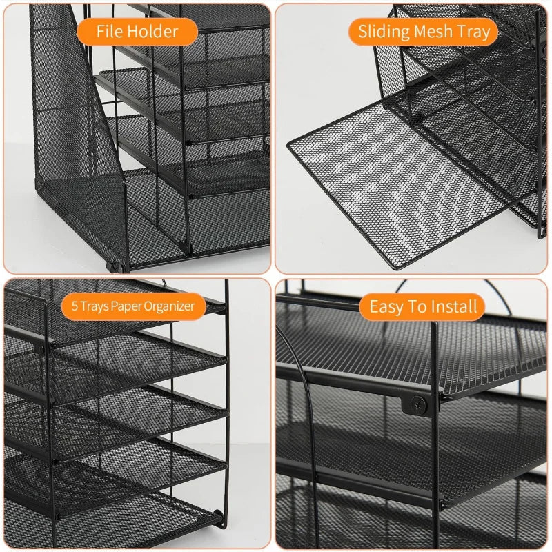 Desk Organizers and Accessories, 5-Tier Paper Letter Tray Organizer with File Holder, Desktop Organizer for Office Supplies