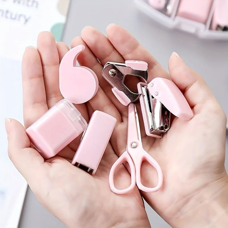8PCS portable office school mini stationery gift box, including puncher, stapler, small tape, pencil case, scissors, 500 staples