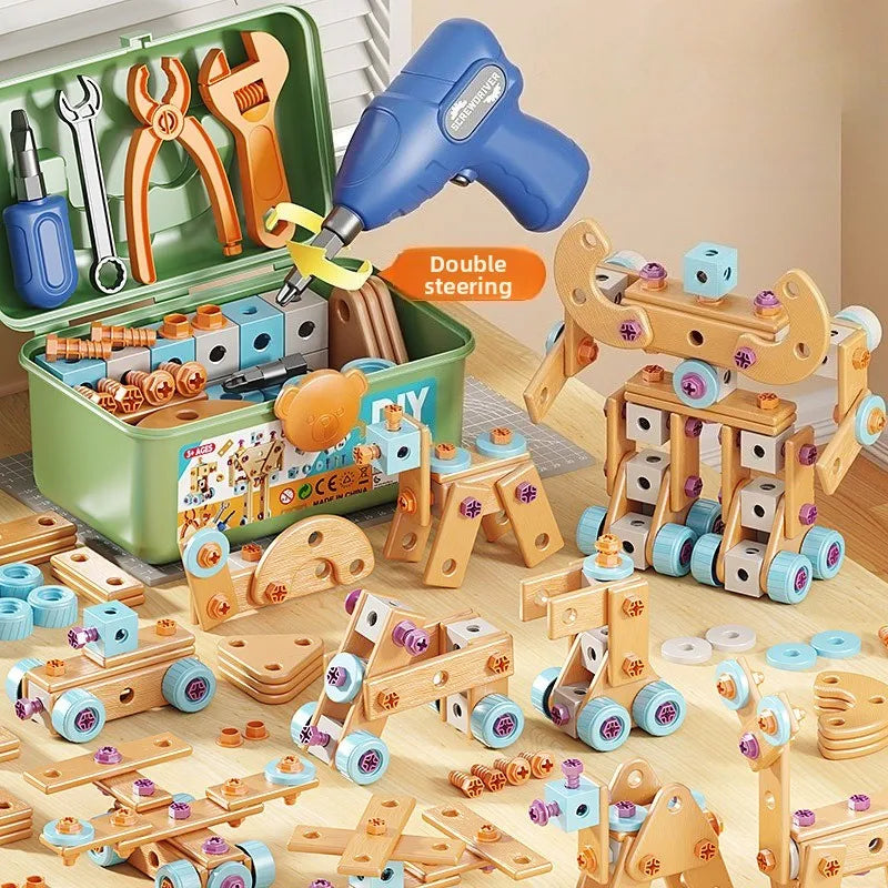 Kids Tool Set DIY Nut Assembly Toy Kit STEM Building Tools Montessori Toys Gifts for Boy Girl Electric Drill Tool Box Optional