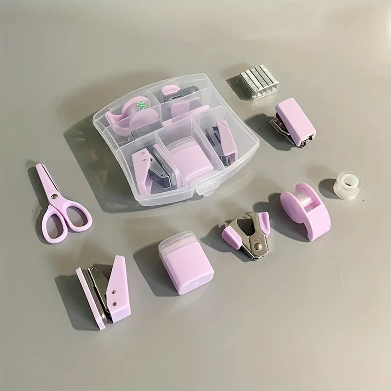 8PCS portable office school mini stationery gift box, including puncher, stapler, small tape, pencil case, scissors, 500 staples