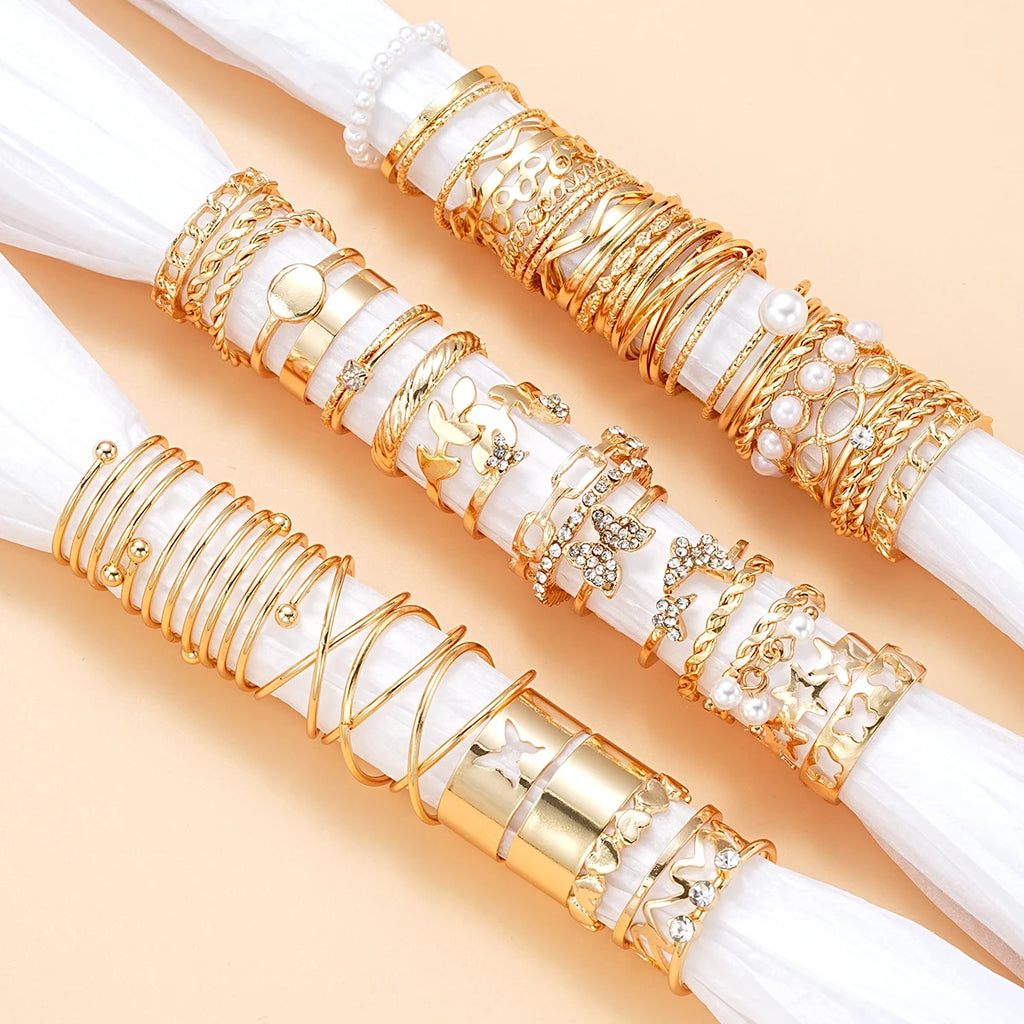 58PCS Vintage Heart Snake Butterfly Rings Set for Women Fashion Metal Gold Plated Geometric Hollow Finger Ring Jewelry Gifts New