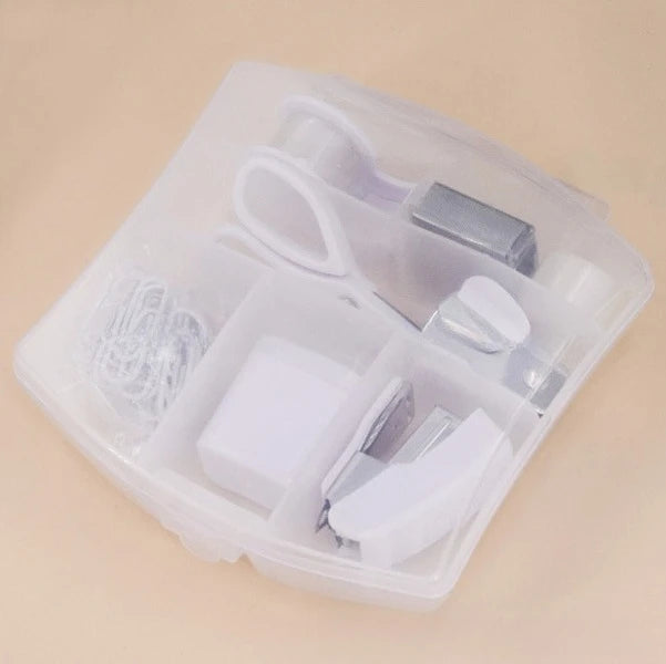 8PCS portable office school mini stationery gift box, including puncher, stapler, small tape, pencil case, scissors, 500 staples
