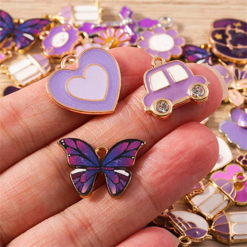 Tusember Mix 30pcs Enamel Charms Purple Series Animal Heart Flower Pendants For Handmade Jewelry Making Accessories DIY Craft
