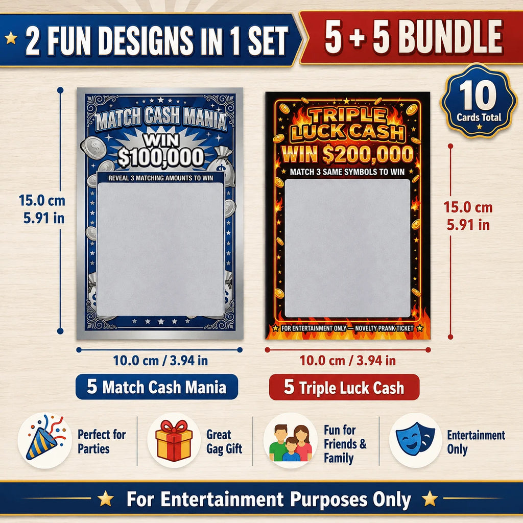 Prank Scratch Off Tickets 10 Pack, Fake Lottery Cards with 2 Designs, Match Cash Mania & Triple Luck Cash,Entertainment Only