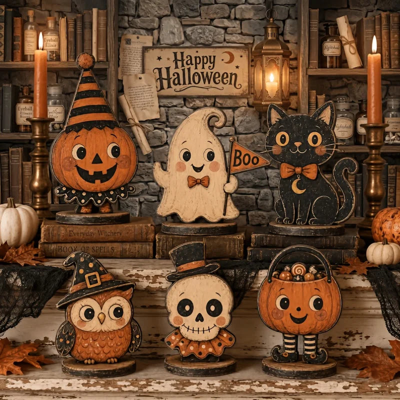 6-Piece Retro Halloween Wooden Decor – Ghost, Pumpkin, Black Cat, Skull, Witch & Owl – Farmhouse Home Party Decor & Gift