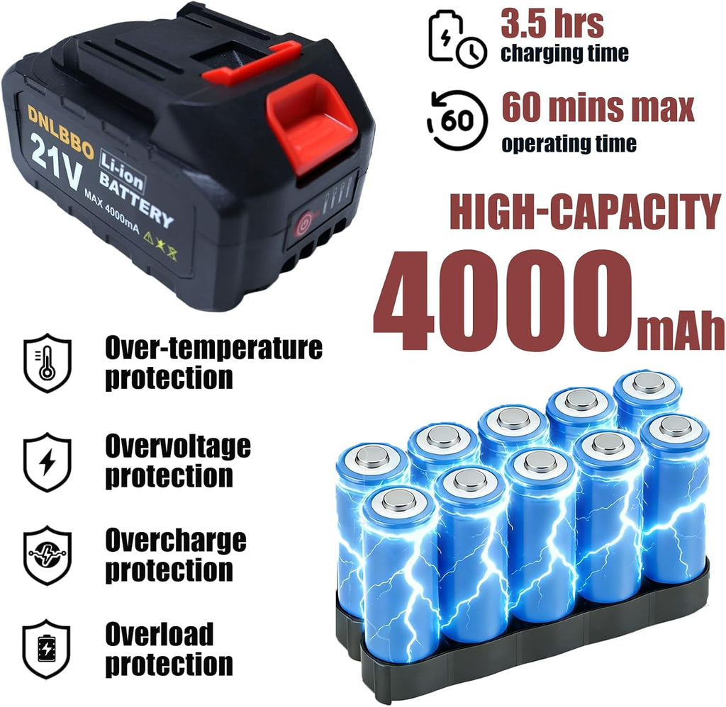 Mini Chainsaw Battery, 21V Lithium Battery - 4.0 Ah Battery with Electric Quantity Display, Include Charger Adapter, Suitable for Cordless Powe