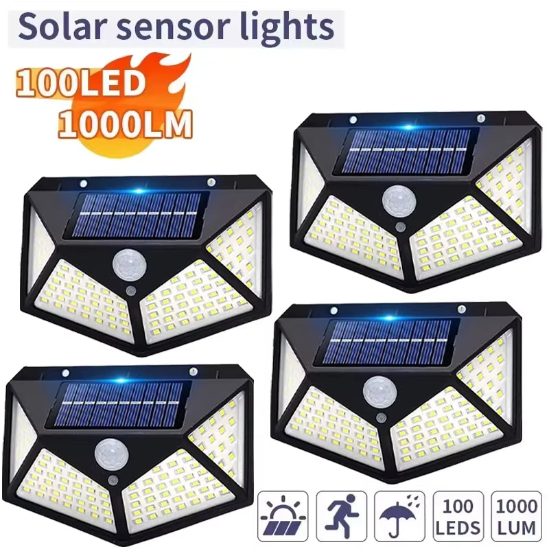 Smart Solar LED Wall Lights 100 LED Motion Sensor Outdoor Waterproof,Solar Charging Security Wall Lamp,Courtyard Garden Fence
