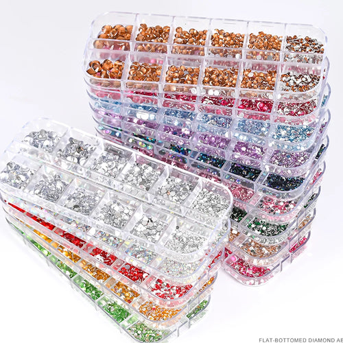 12Grids SS6-SS30 Mixed Nail Rhinestones Shiny Clear/Gold/Pink/Blue Diamond Flat-Back Nail Gems Glass Stones Nails Decoration