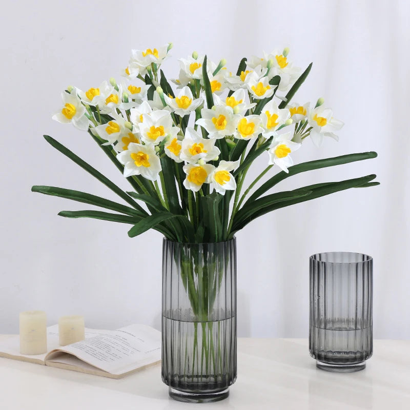 3/8 Heads Daffodil Flower Artificial Silk Narcissus Bouquet Wedding Floral Arrangements Accessories Home Table Decor Photo Prop
