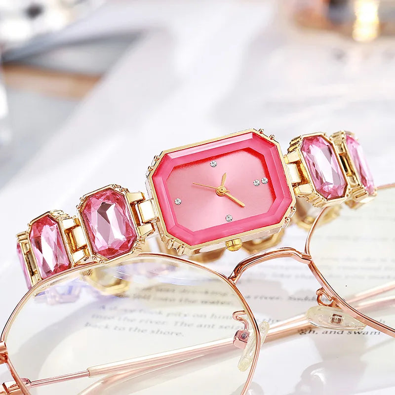 Women'S Large Section Rhinestone Chain Rectangular Color Case Rhinestone Dial Fashion European and American Style Ladies Watch