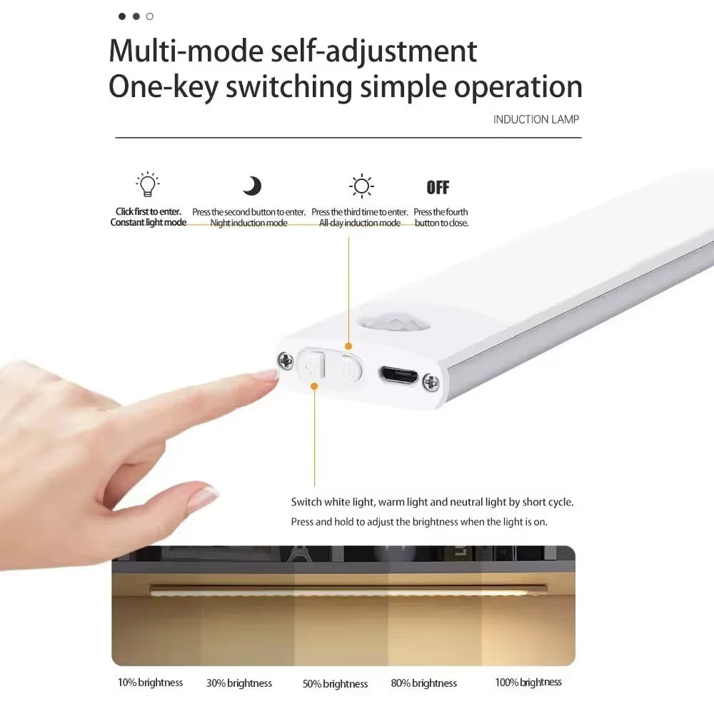 10/20/30/40/50Cm 3 in 1 under Cabinet Lights LED Motion Sensor Light for Cupboard Bedroom Wardrobe Closet Indoor Night Light
