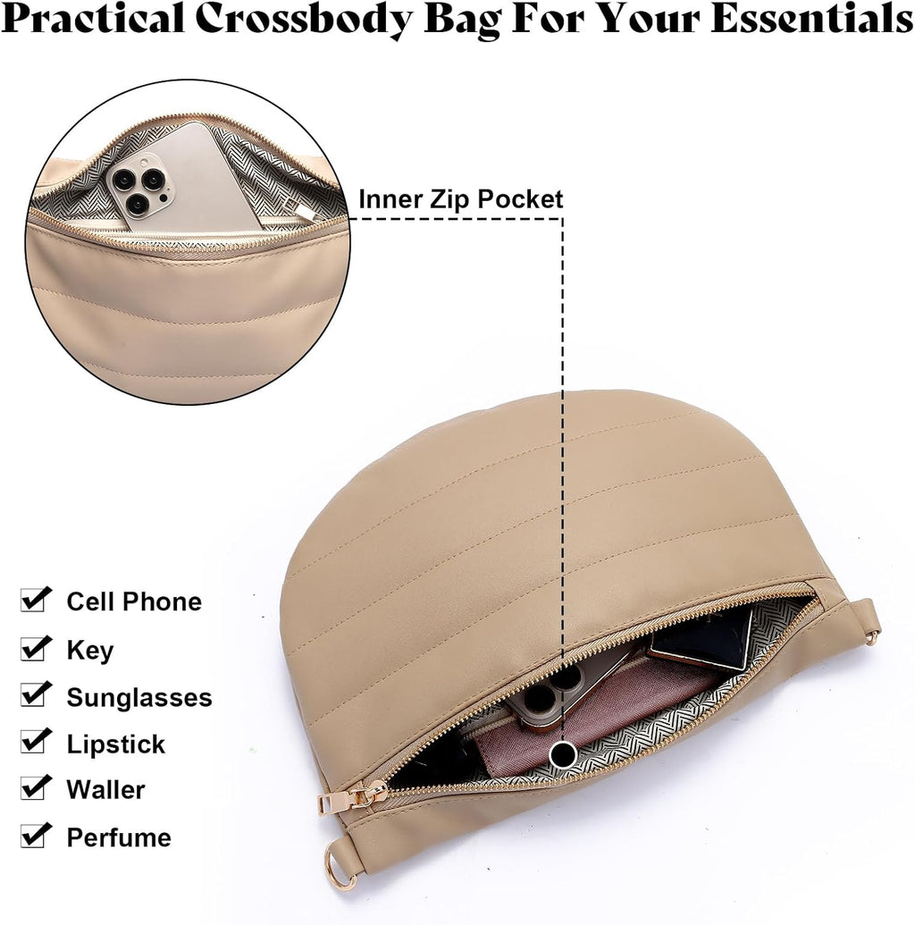 Quilted Puffer Leather Belt Bag for Women Puffer Crossbody Bags Puffy Sling Belt Bag Fanny Pack Bum Waist Chest Shoulder Bag for Women-Apricot