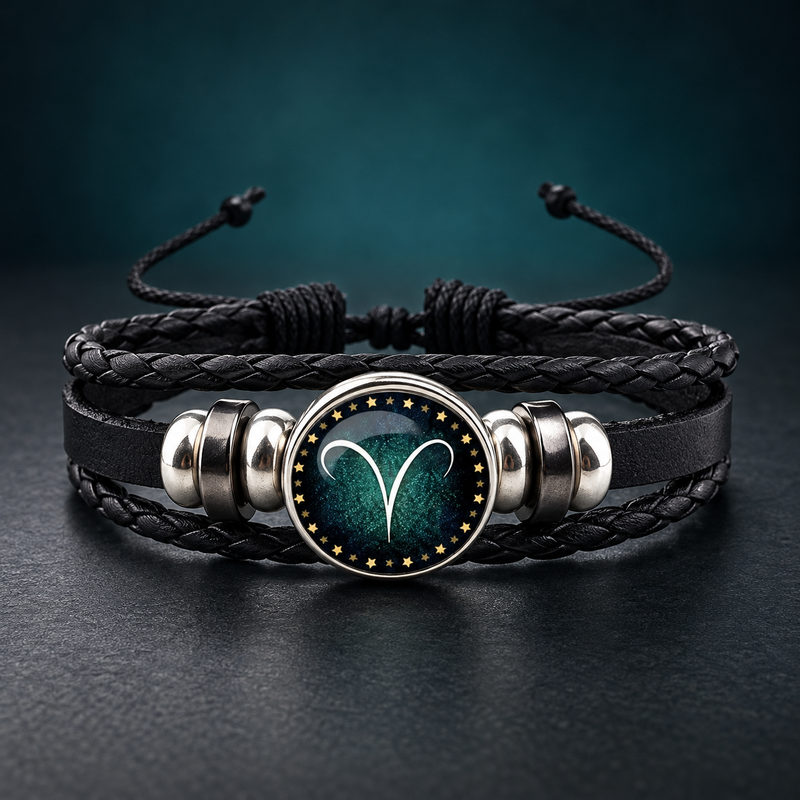 Zodiac Sign Synthetic Gemstone Bracelet, Beaded Rope & PU Leather 12 Constellations Braided Bracelet